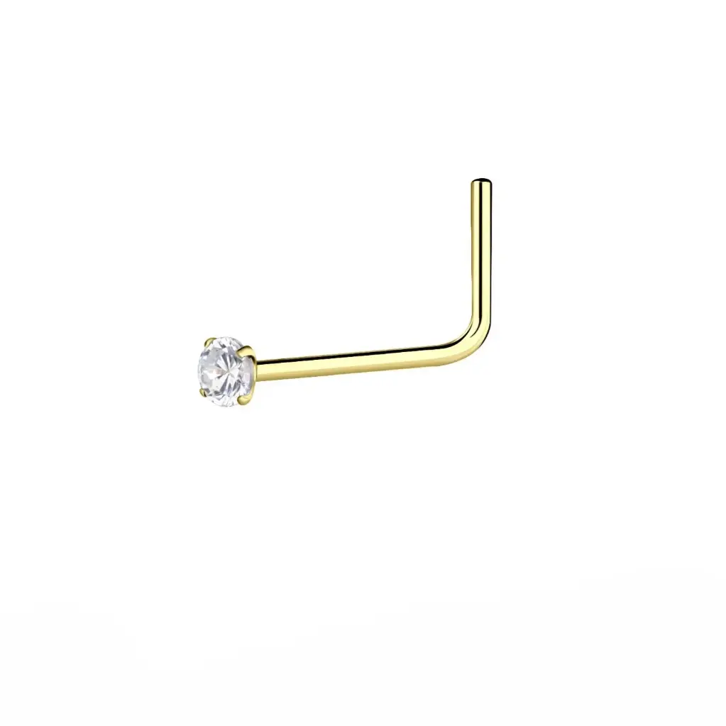 14K Solid Gold 1.5 mm White Cubic Zirconia L-shaped Nose Ring, 0.05 g 