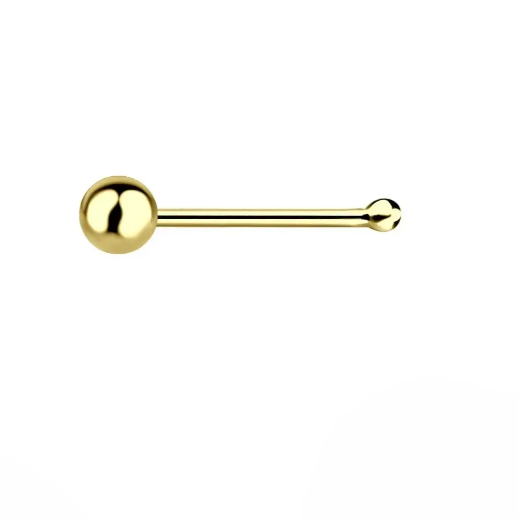 14K Solid Gold 2mm Gold Ball Straight Stud With Ball Nose Ring, 0.10 g 