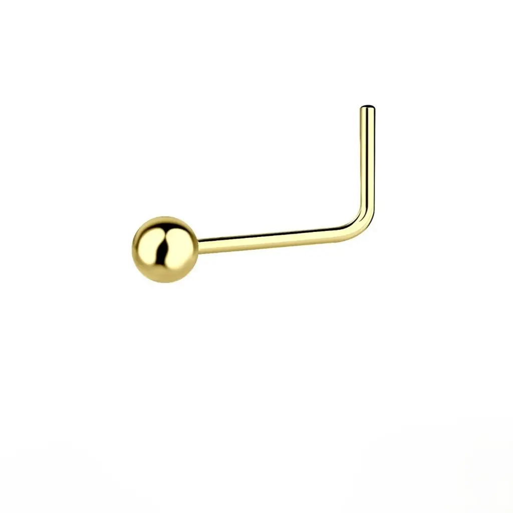 14K Solid Yellow Gold 2mm Gold Ball L-shaped Nose Ring, 0.10 g 