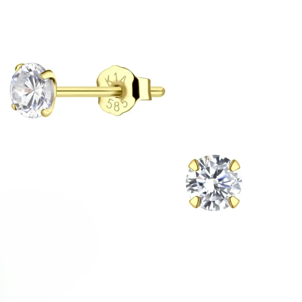 14K Solid Gold 4mm White Cubic Zirconia Stud Earring, 0.40 g