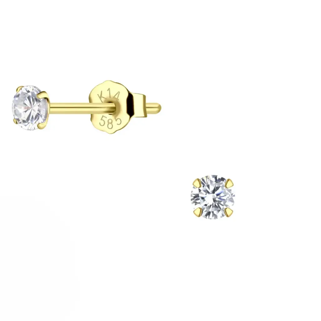 14K Solid Gold 3mm White Cubic Zirconia Stud Earring, 0.30 g