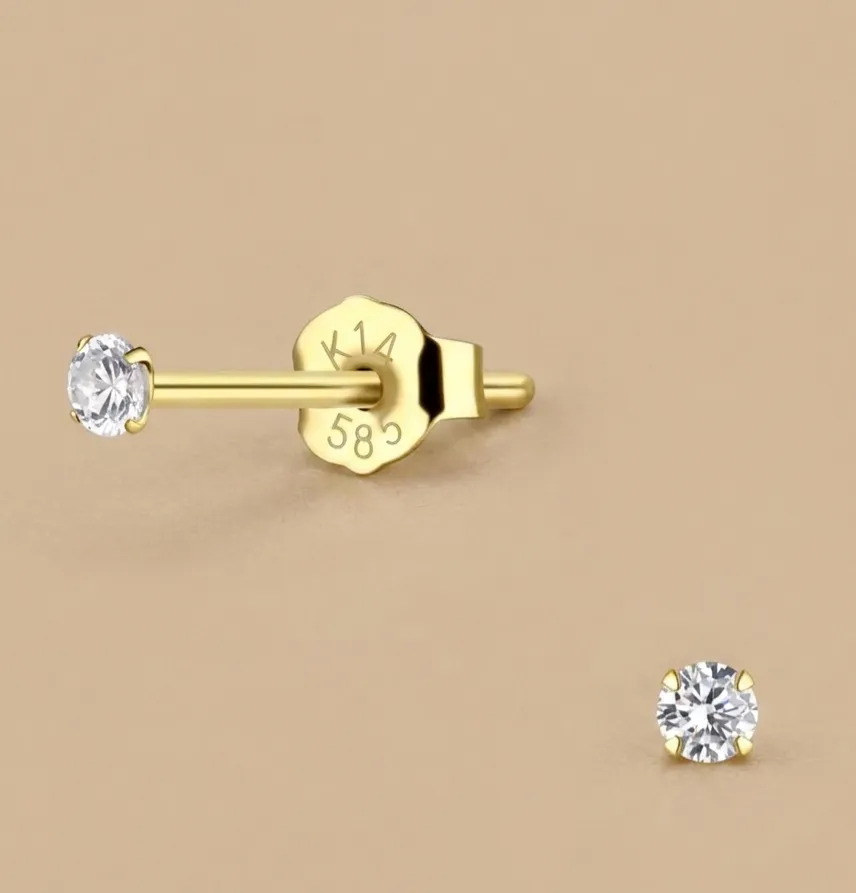 14K Solid Yellow Gold 2mm White Cubic Zirconia Stud Earring, 0.22 g