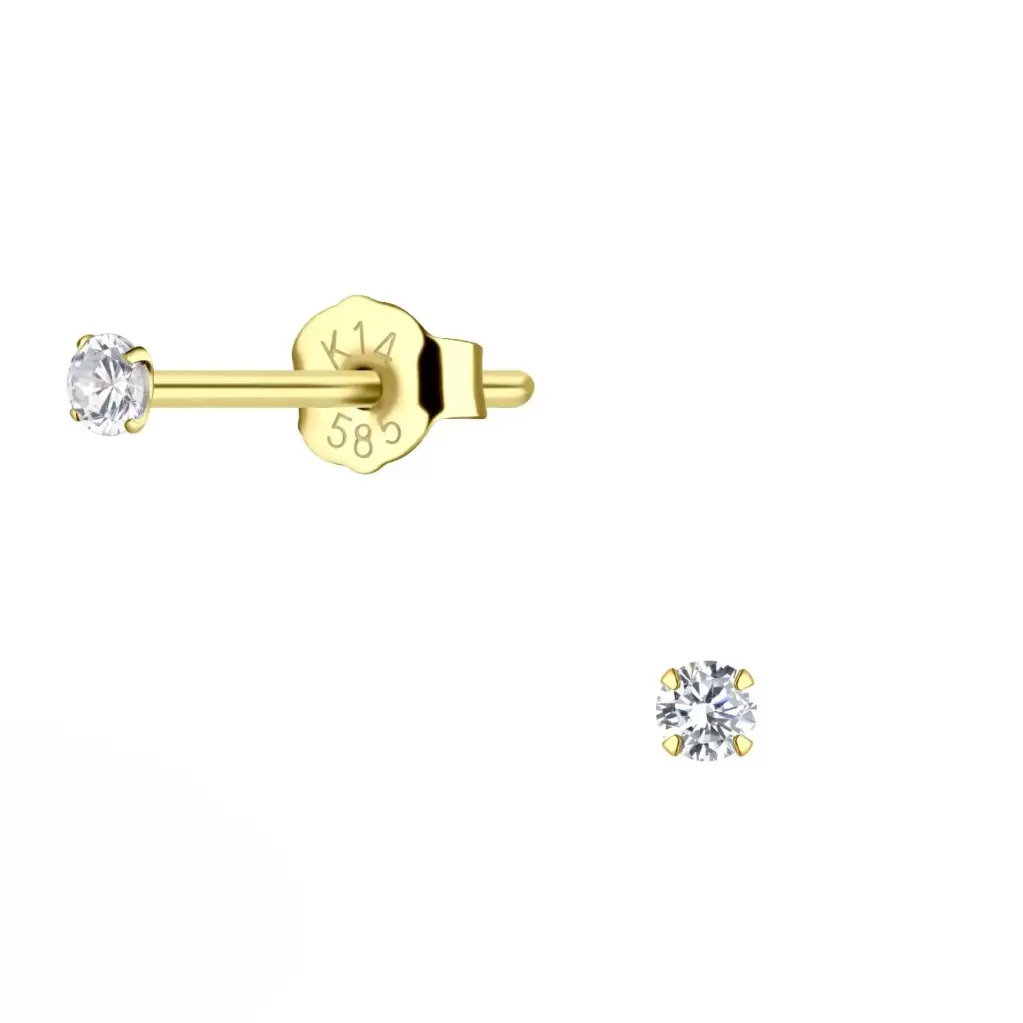 14K Solid Yellow Gold 2mm White Cubic Zirconia Stud Earring, 0.22 g