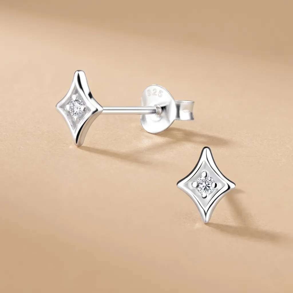 925 Silver Diamond Shaped Stud Earring With 0.04ct Natural Diamond, 0.63 g