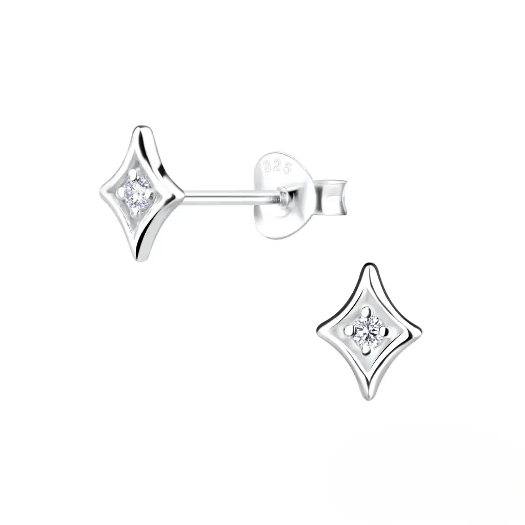 925 Silver Diamond Shaped Stud Earring With 0.04ct Natural Diamond, 0.63 g