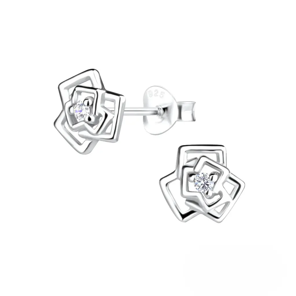 925 Silver Rose Flower Stud Earring With 0.04ct Natural Diamond, 0.98 g