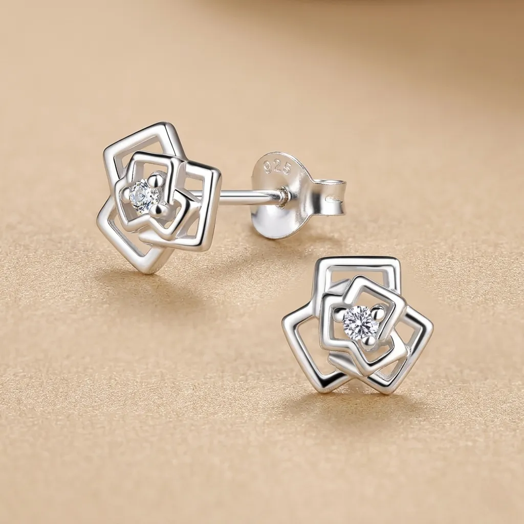 925 Silver Rose Flower Stud Earring With 0.04ct Natural Diamond, 0.98 g