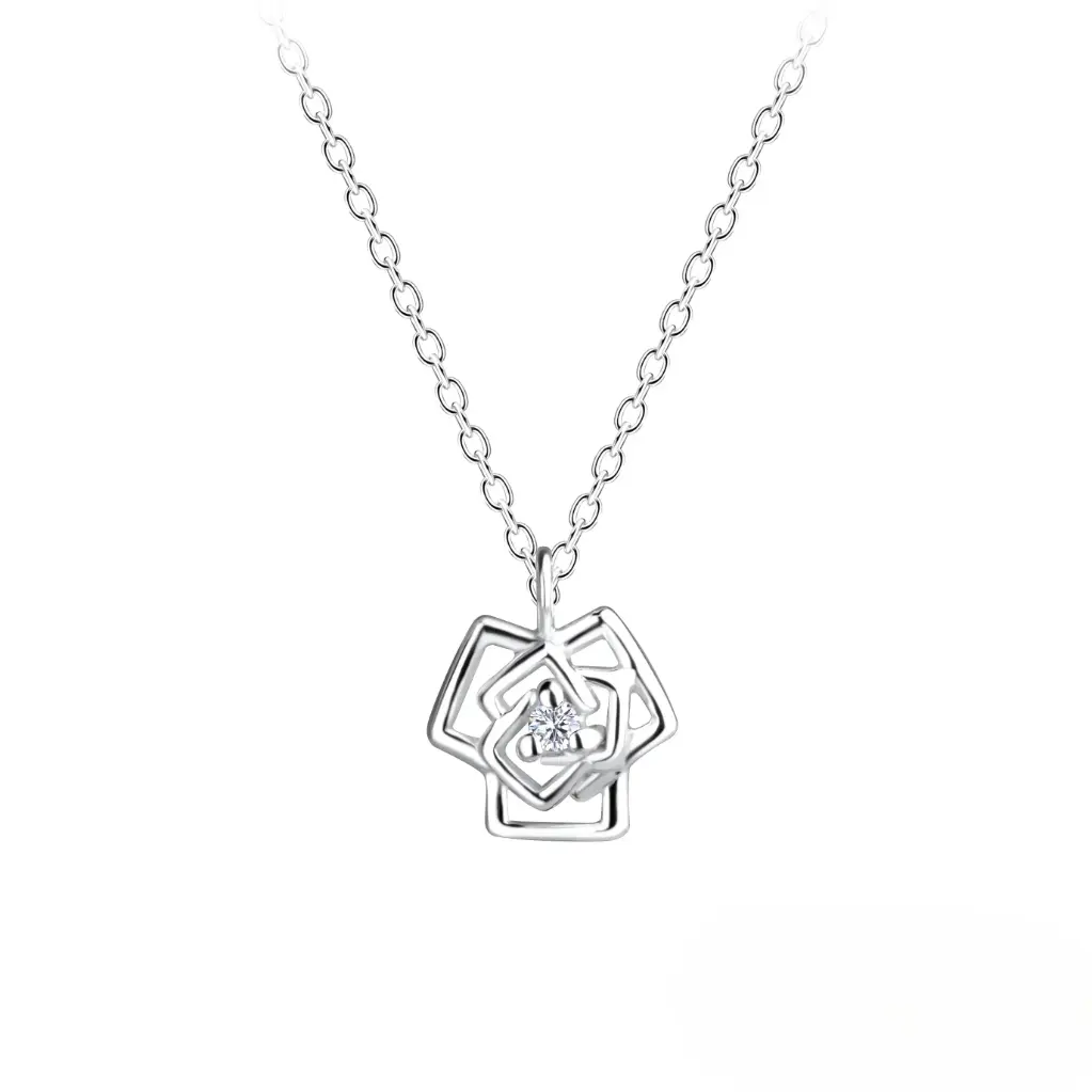 925 Silver Rose Flower Necklace With 0.02ct Natural Diamond, 1.30 g
