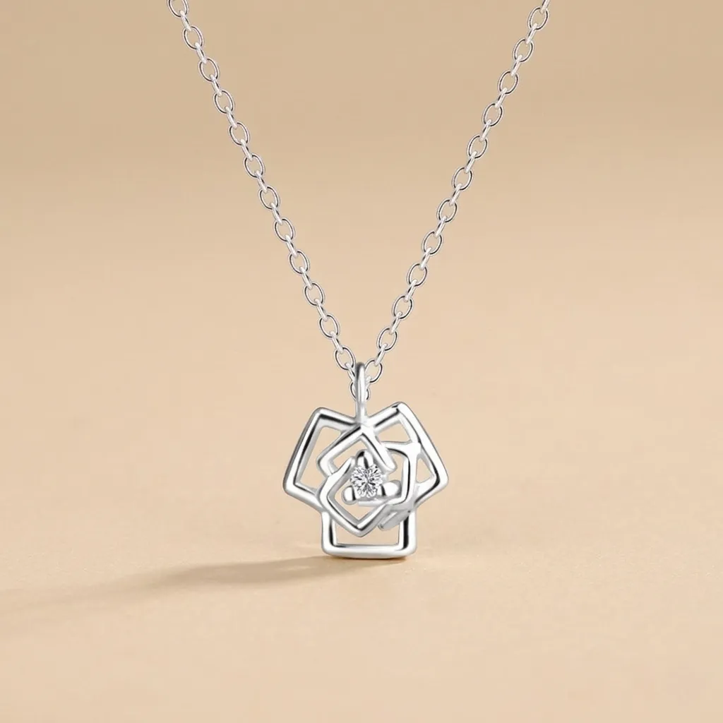 925 Silver Rose Flower Necklace With 0.02ct Natural Diamond, 1.30 g