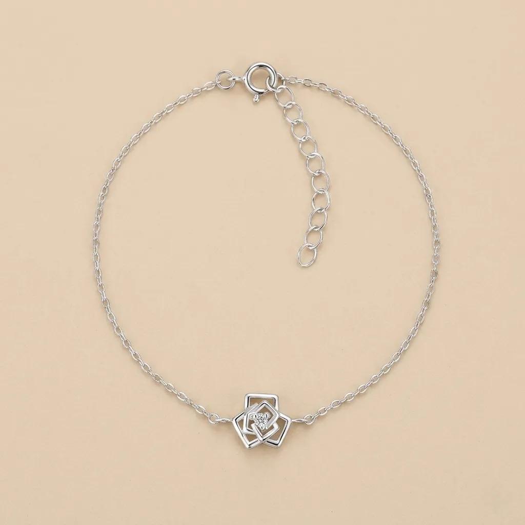 925 Silver Rose Flower Bracelet With 0.02ct Natural Diamond, 0.96 g 