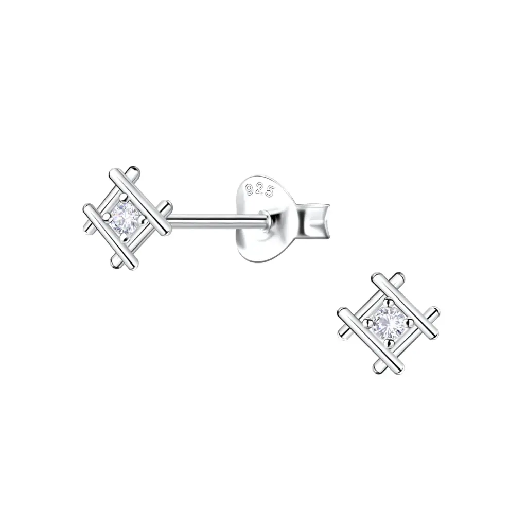 925 Silver White Cubic Zirconia Pointed Square Stud Earring, 0.61 g