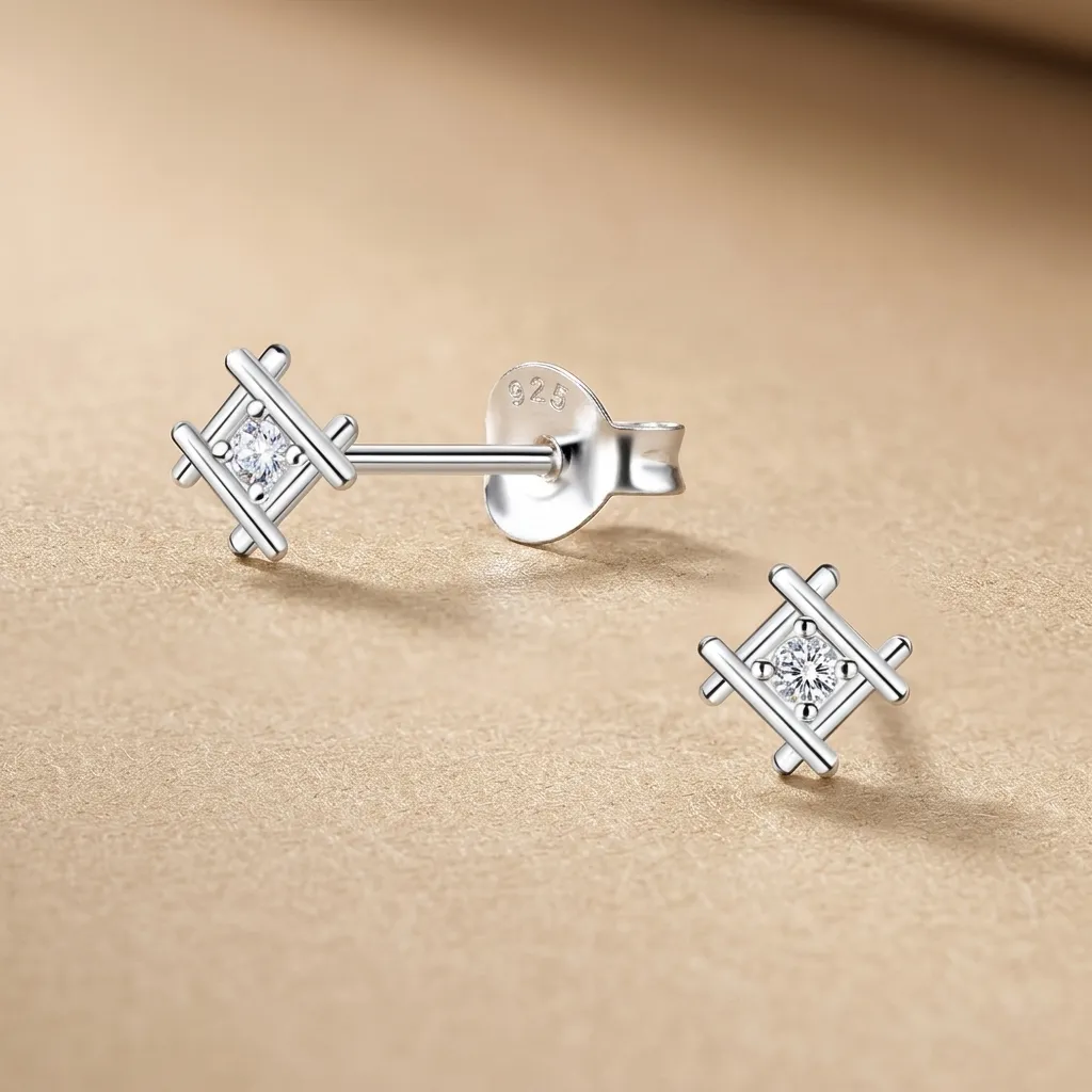 925 Silver White Cubic Zirconia Pointed Square Stud Earring, 0.61 g