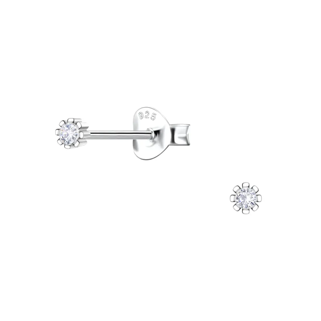 925 Silver White Cubic Zirconia Single Stone Flower Stud Earring, 0.37 g 