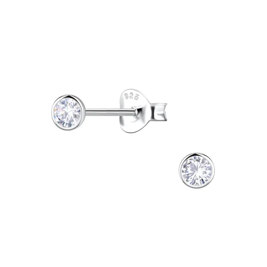 925 Silver White Cubic Zirconia Single Stone Smooth Stud Earring, 0.48 g 