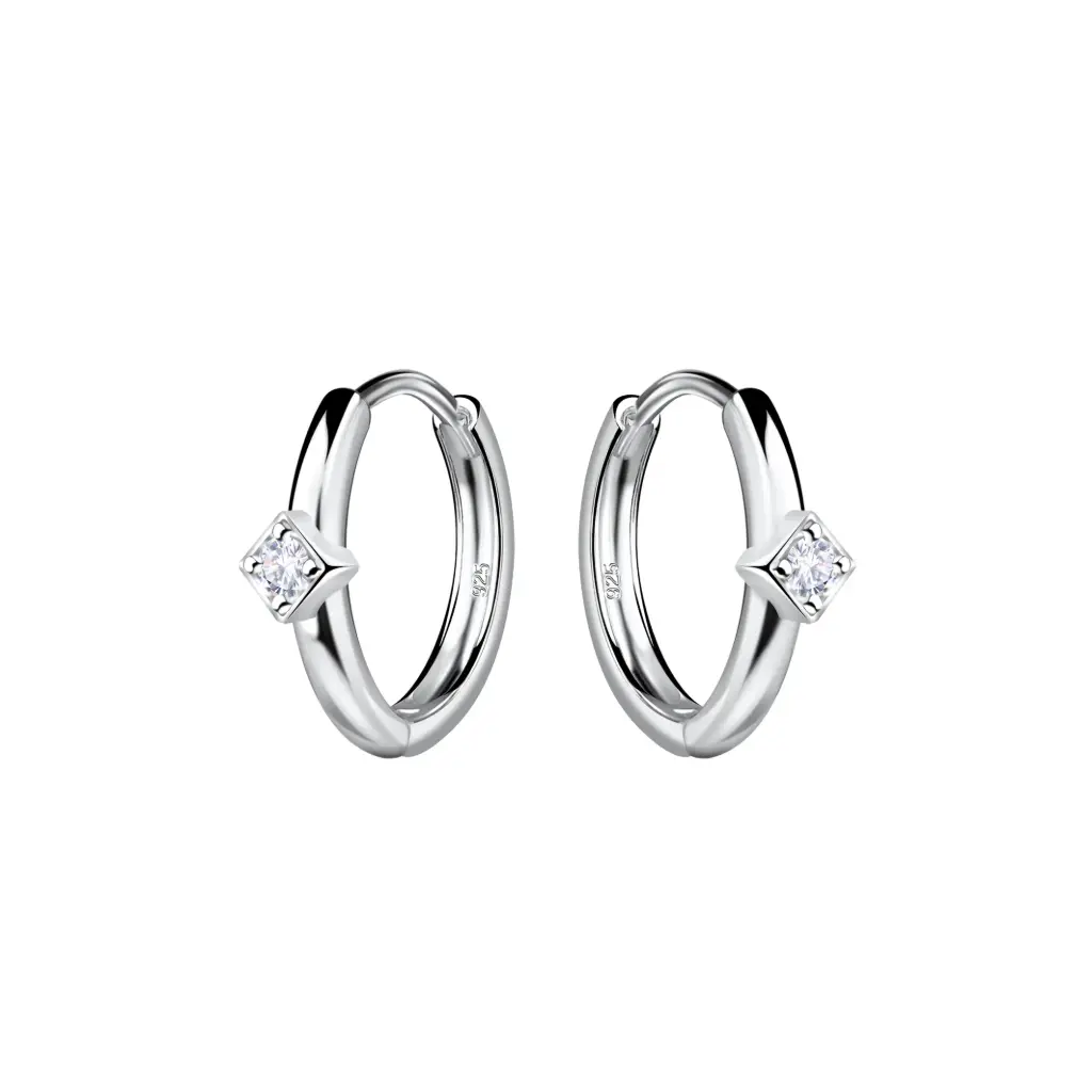 925 Silver White Cubic Zirconia Square Huggie Earring, 0.89 g 