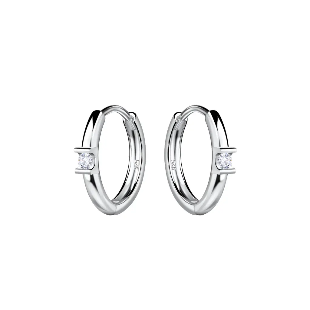 925 Silver White Cubic Zirconia Round Single Stone Huggie Earring, 0.88 g 