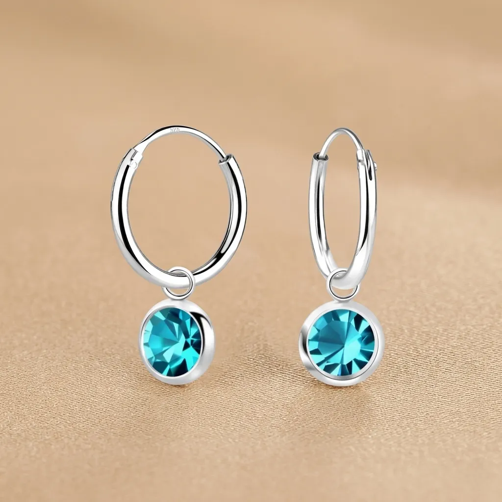 925 Silver Blue Solitaire Crystal Hoop Earring, 1.06 g
