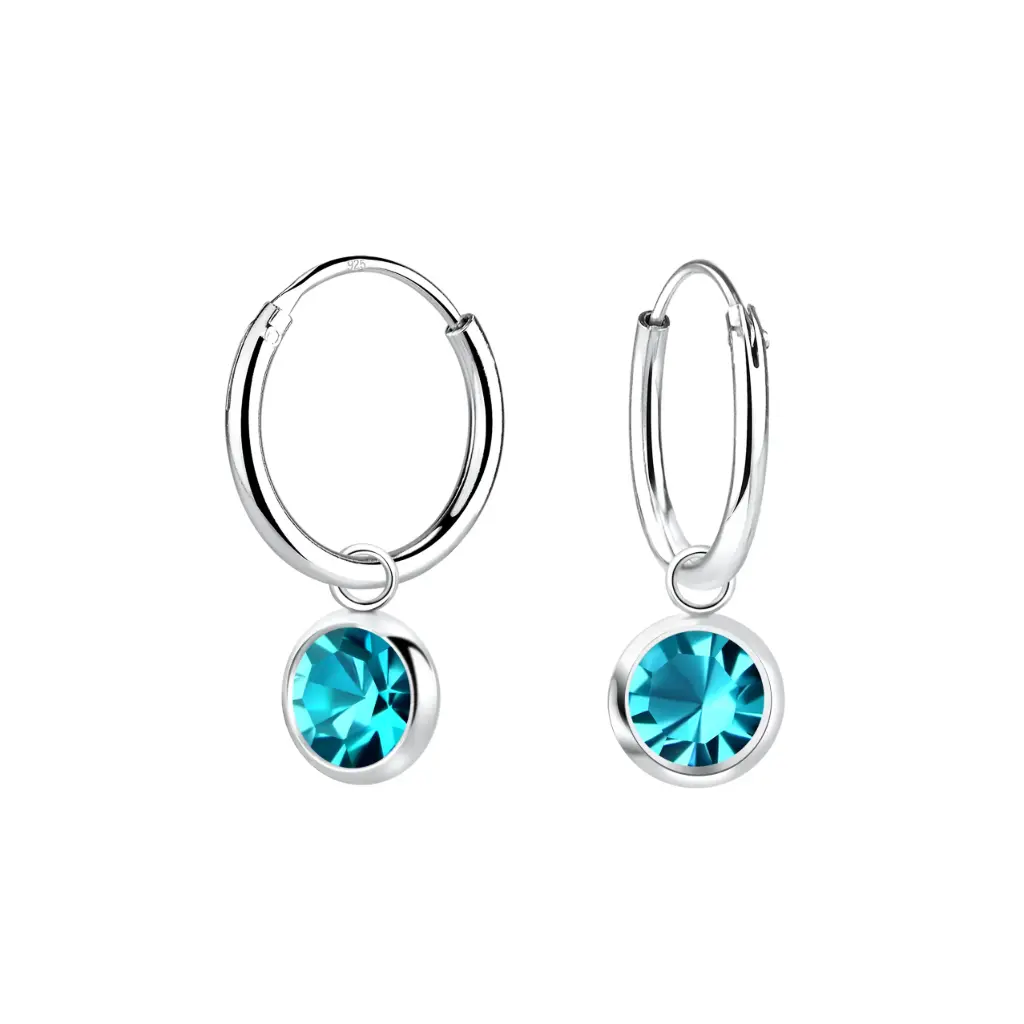 925 Silver Blue Solitaire Crystal Hoop Earring, 1.06 g