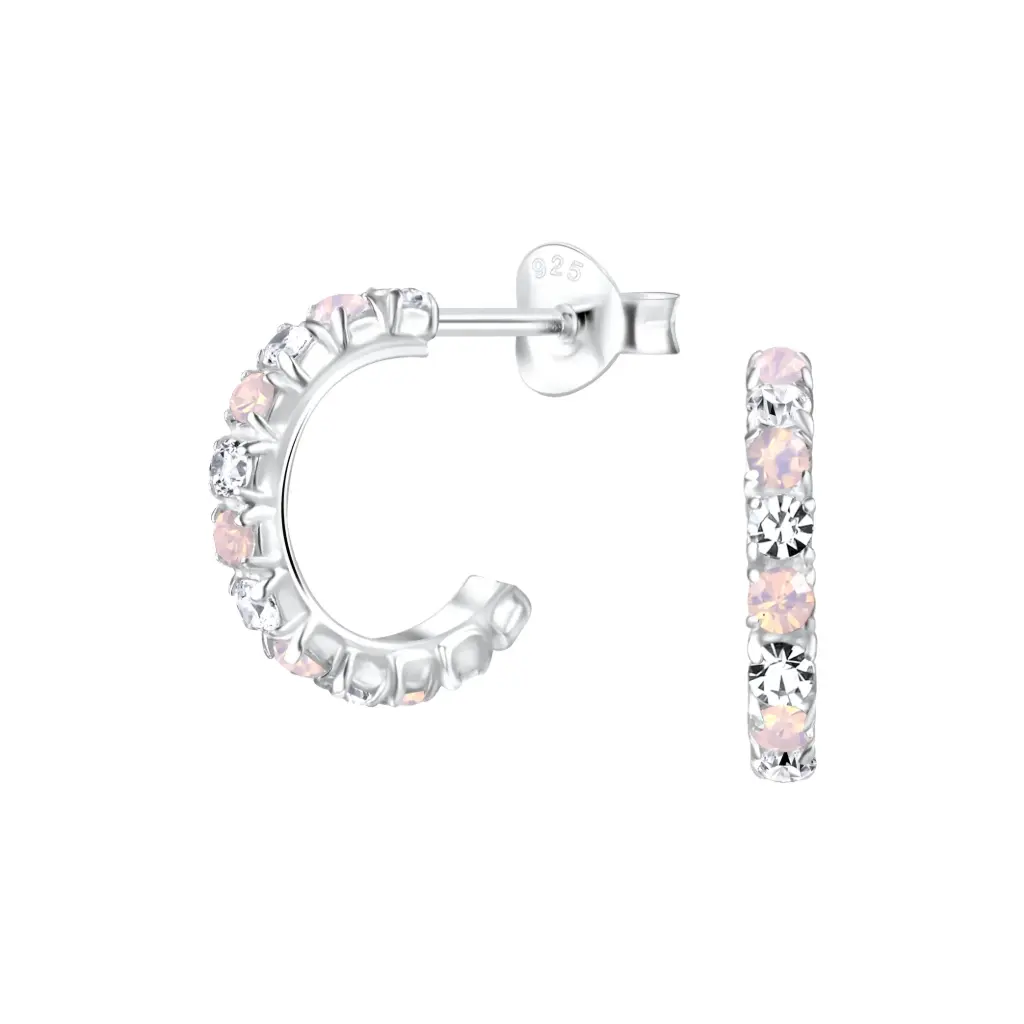 925 Silver White and Pale Pink Crystal Half Hoop Stud Earring, 0.86 g 