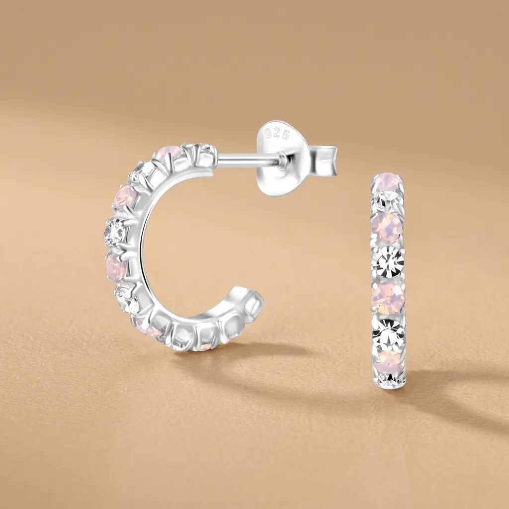 925 Silver White and Pale Pink Crystal Half Hoop Stud Earring, 0.86 g 