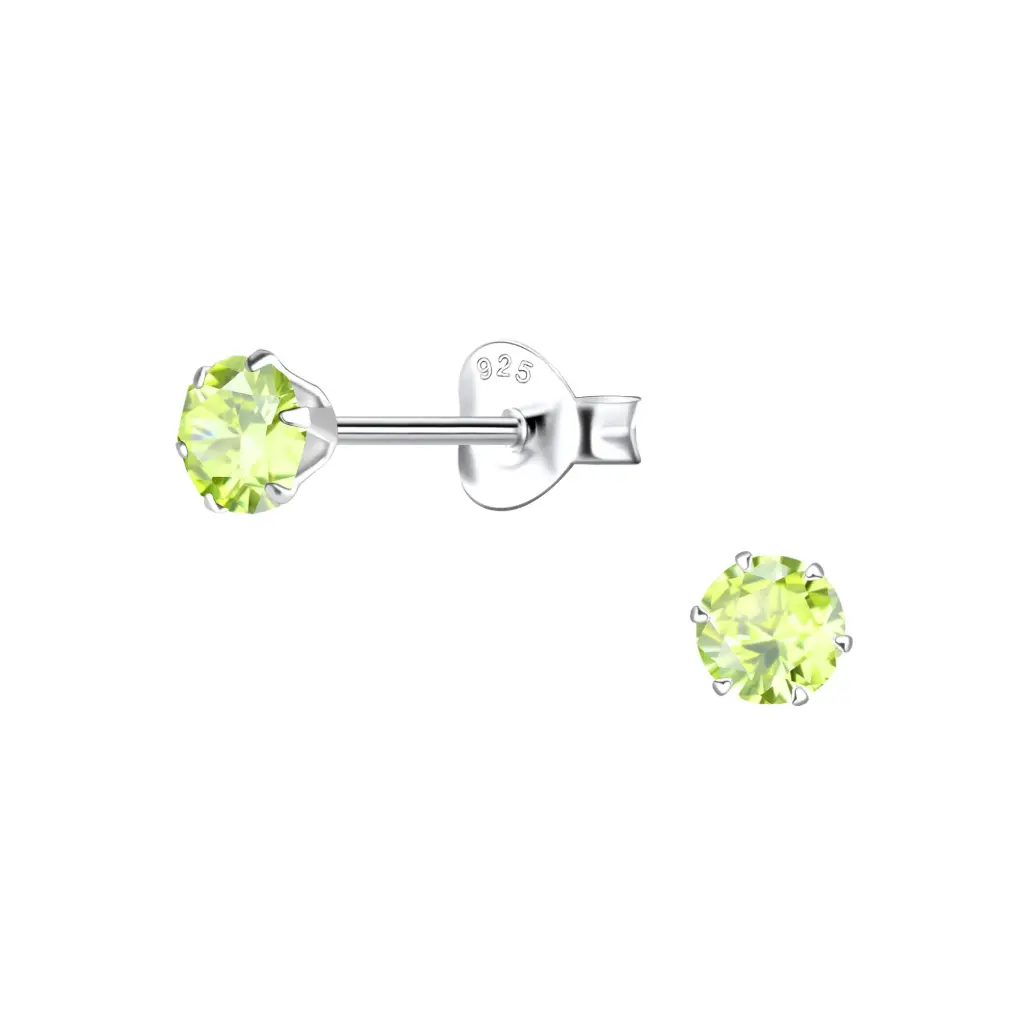 925 Silver Pale Green Round Cubic Zirconia Stud Earring, 0.55 g 