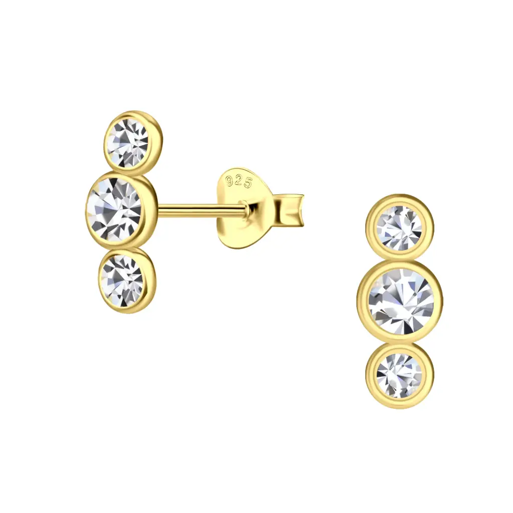 925 Silver 14K Gold Plated Three White Crystal Stones Stud Earring, 0.60 g