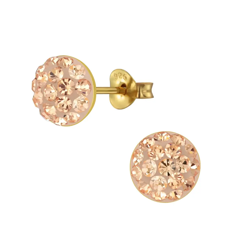 925 Silver 14K Gold Plated Round Light Peach Crystal Stud Earring, 0.85 g 