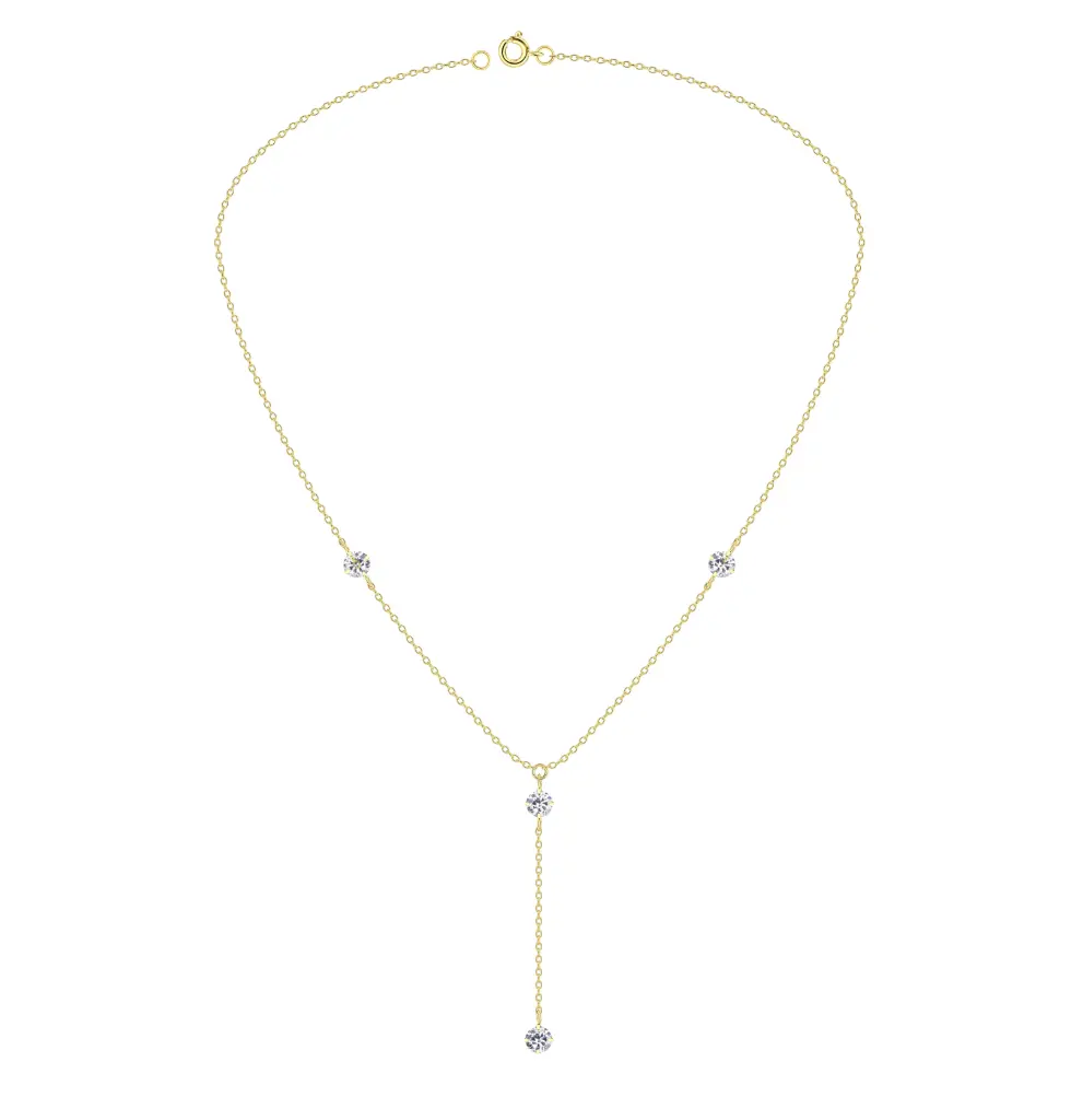 925 Silver 14K Gold Plated Round White Cubic Zirconia Hanging Chain Necklace, 1.85 g