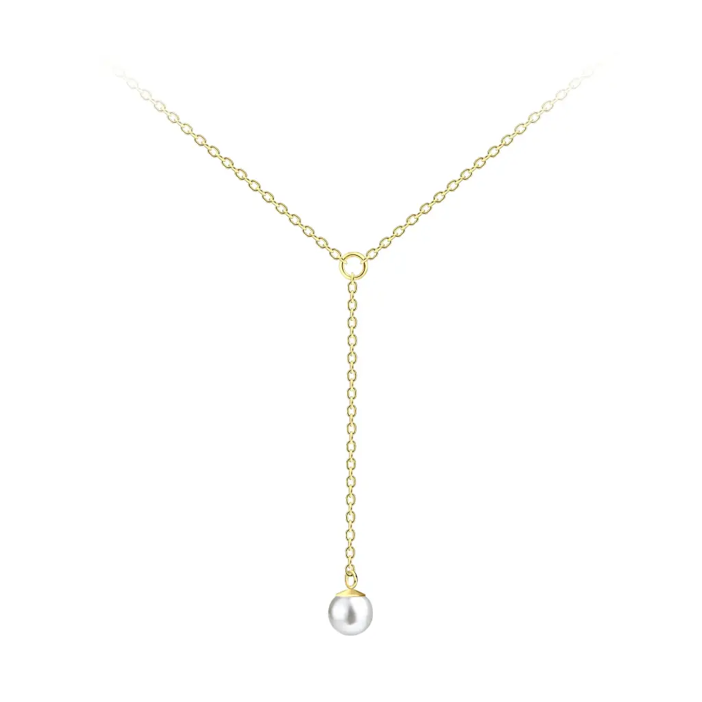 925 Silver 14K Gold Plated White Imitation Pearl Hanging Chain Necklace, 1.15 g