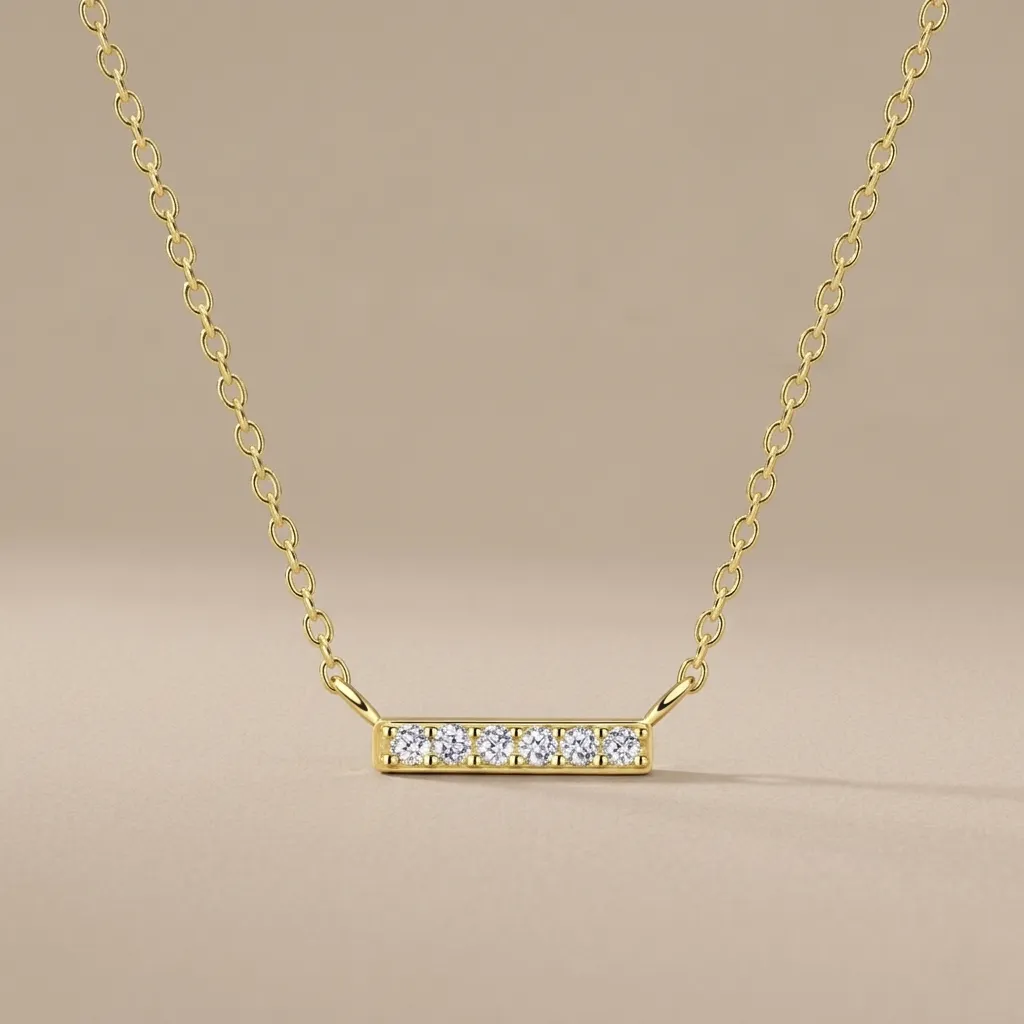 925 Silver 14K Gold Plated Filled White Cubic Zirconia Bar Necklace, 1.34 g 
