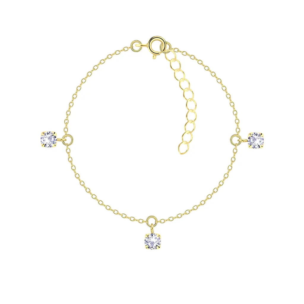 925 Silver 14K Gold Plated 3 Stones White Cubic Zirconia Bracelet, 1.10 g