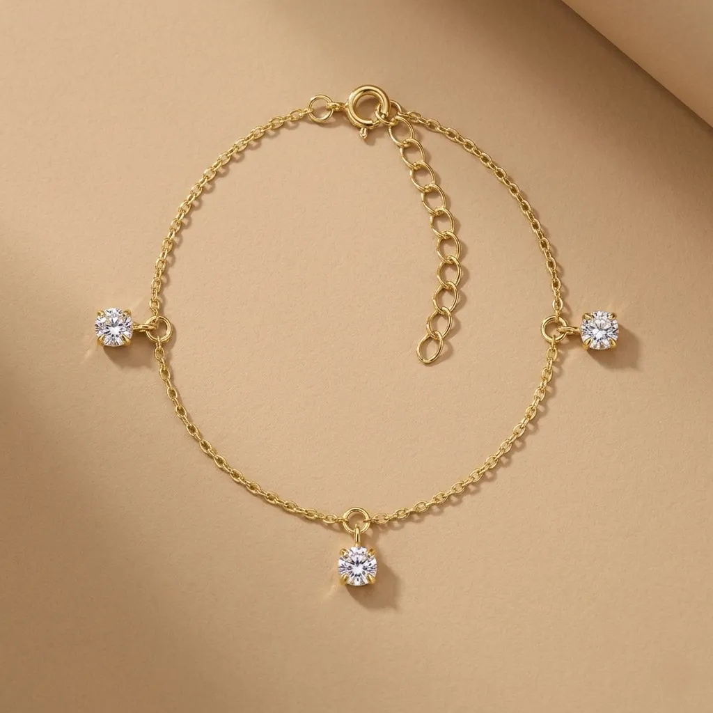 925 Silver 14K Gold Plated 3 Stones White Cubic Zirconia Bracelet, 1.10 g