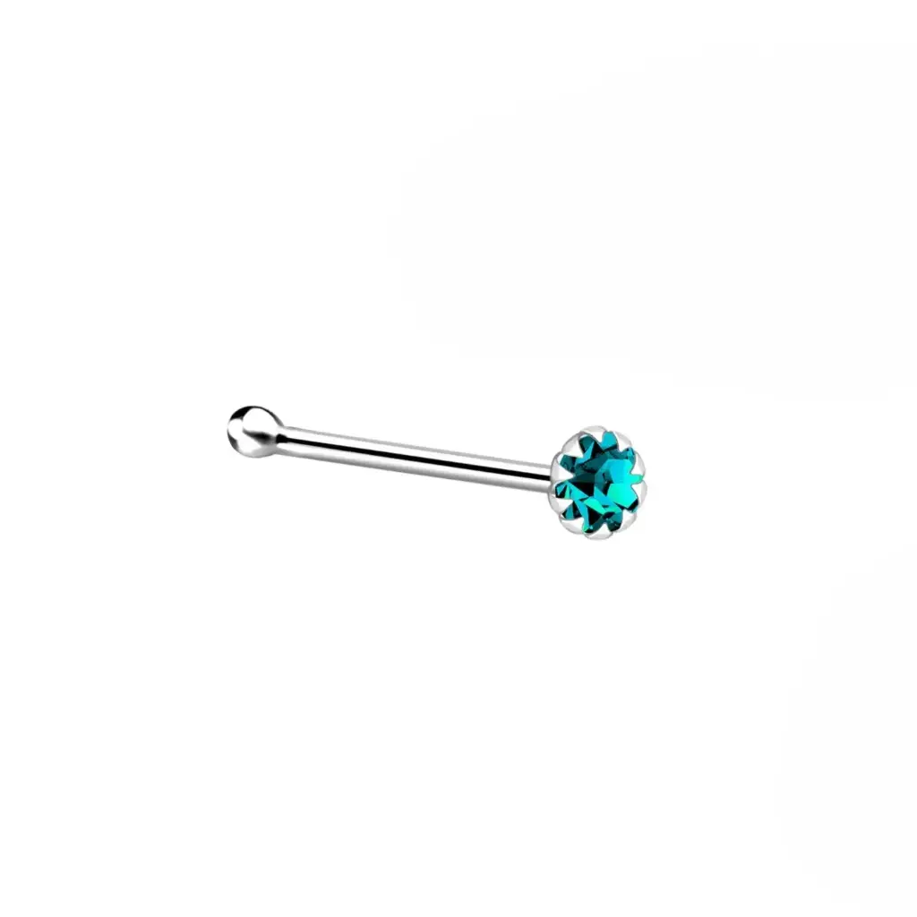 925 Silver Blue Crystal Straight Stud With Ball Nose Ring, 0.2 g