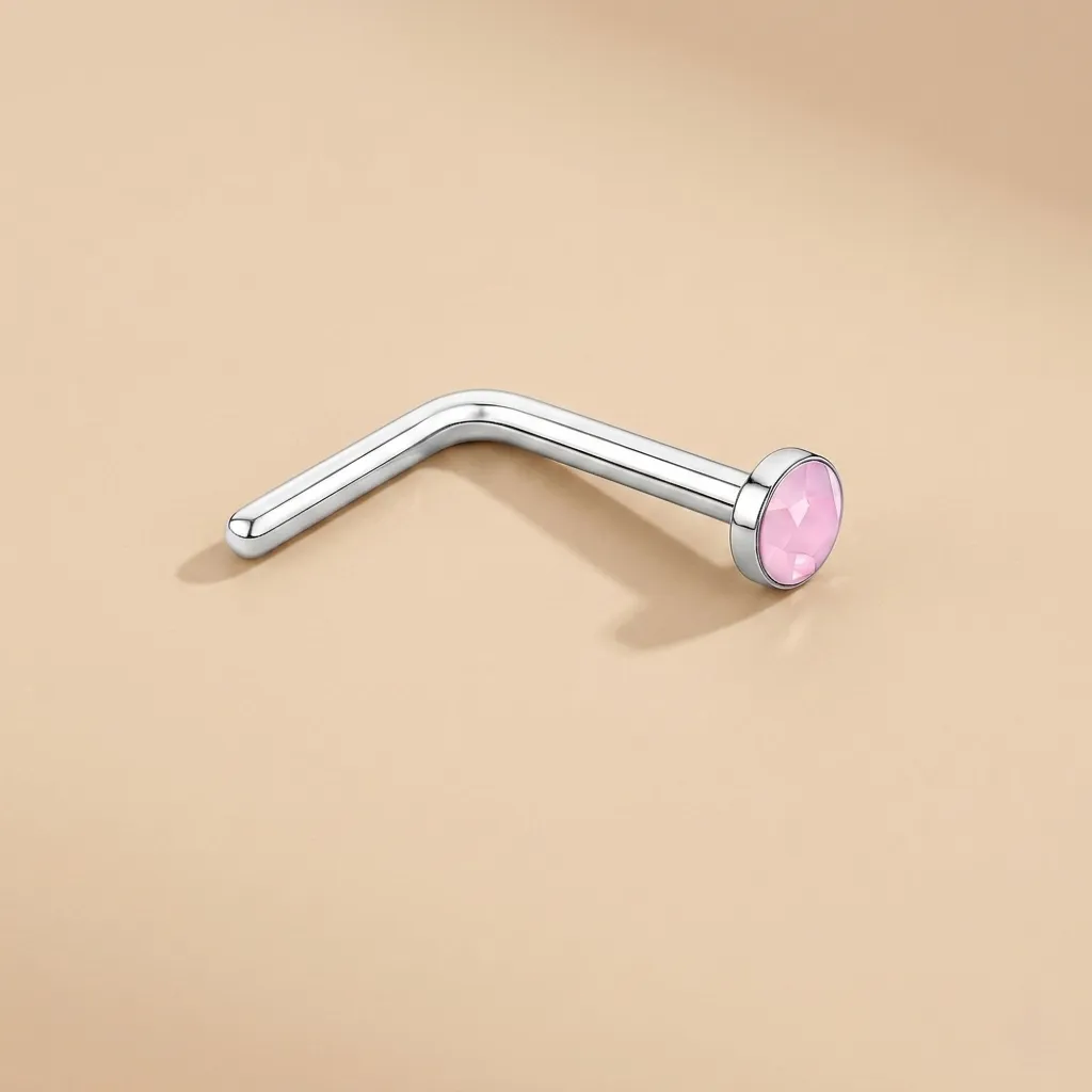 925 Silver Pale Pink Opal Color Crystal L-shaped Nose Ring, 0.15 g