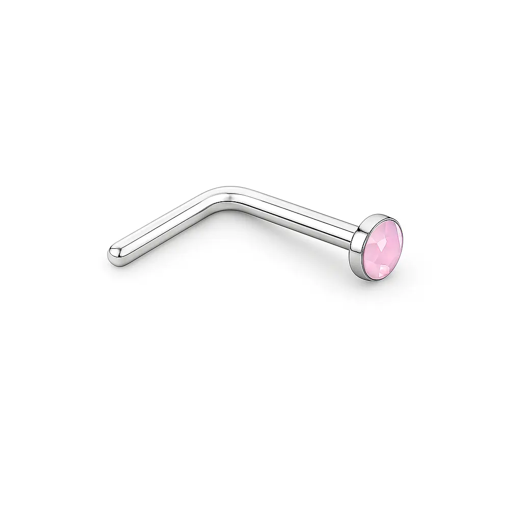 925 Silver Pale Pink Opal Color Crystal L-shaped Nose Ring, 0.15 g