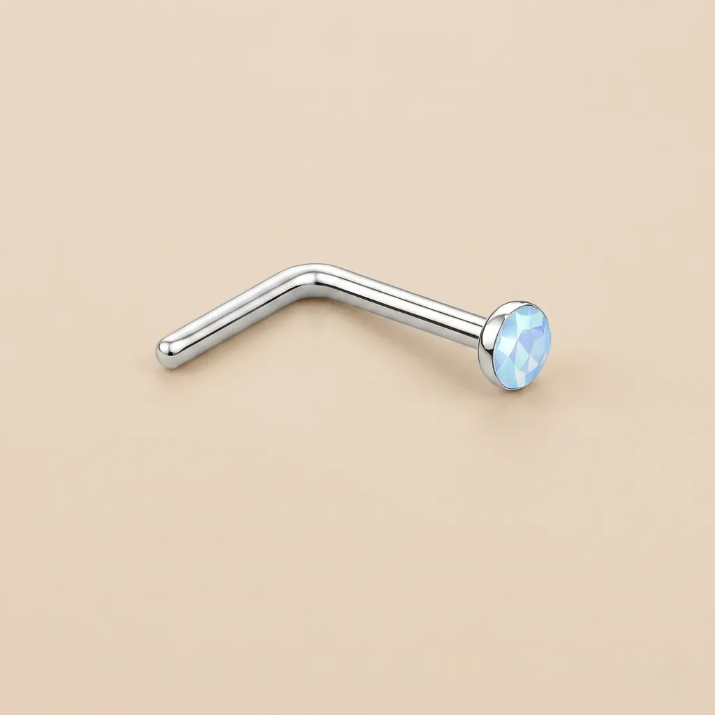 925 Silver Pale Blue Opal Color Crystal L-shaped Nose Ring, 0.15 g