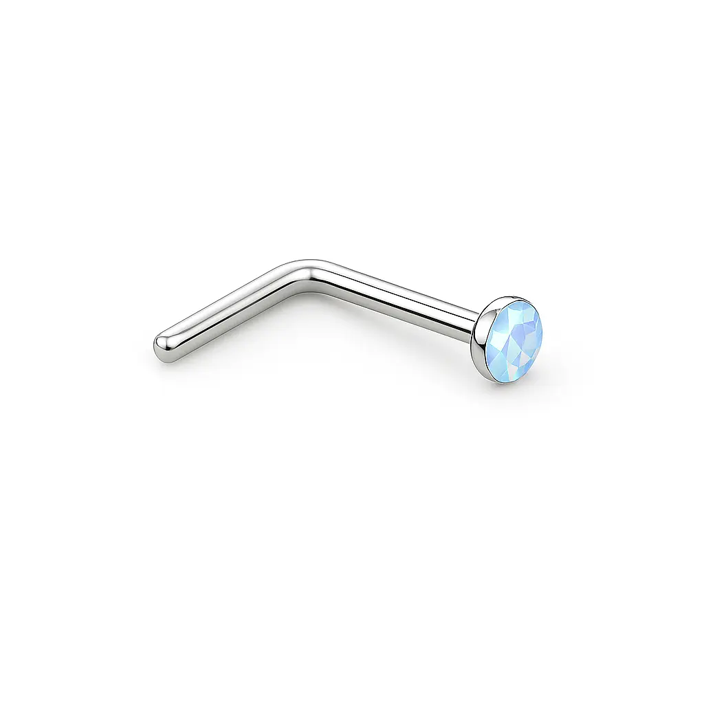925 Silver Pale Blue Opal Color Crystal L-shaped Nose Ring, 0.15 g