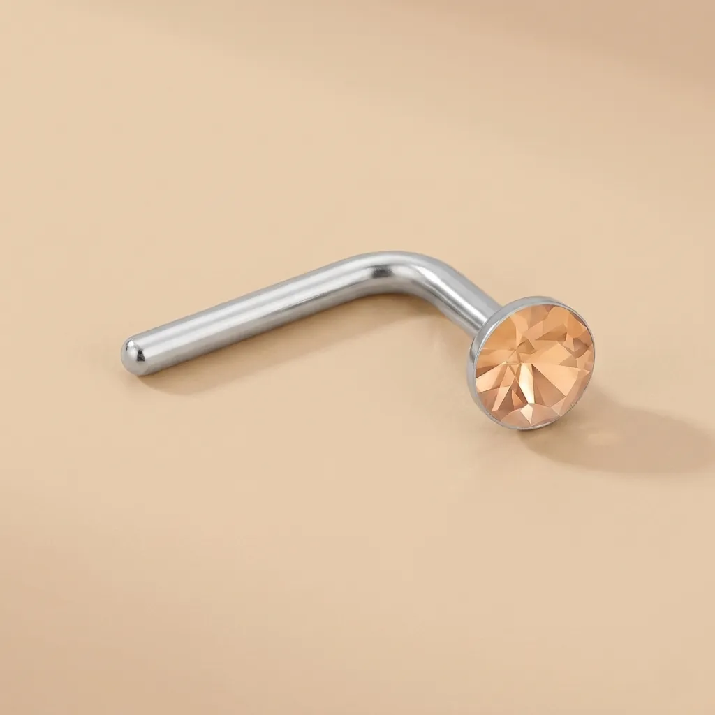 925 Silver Light Peach Crystal L-shaped Nose Ring, 0.3 g