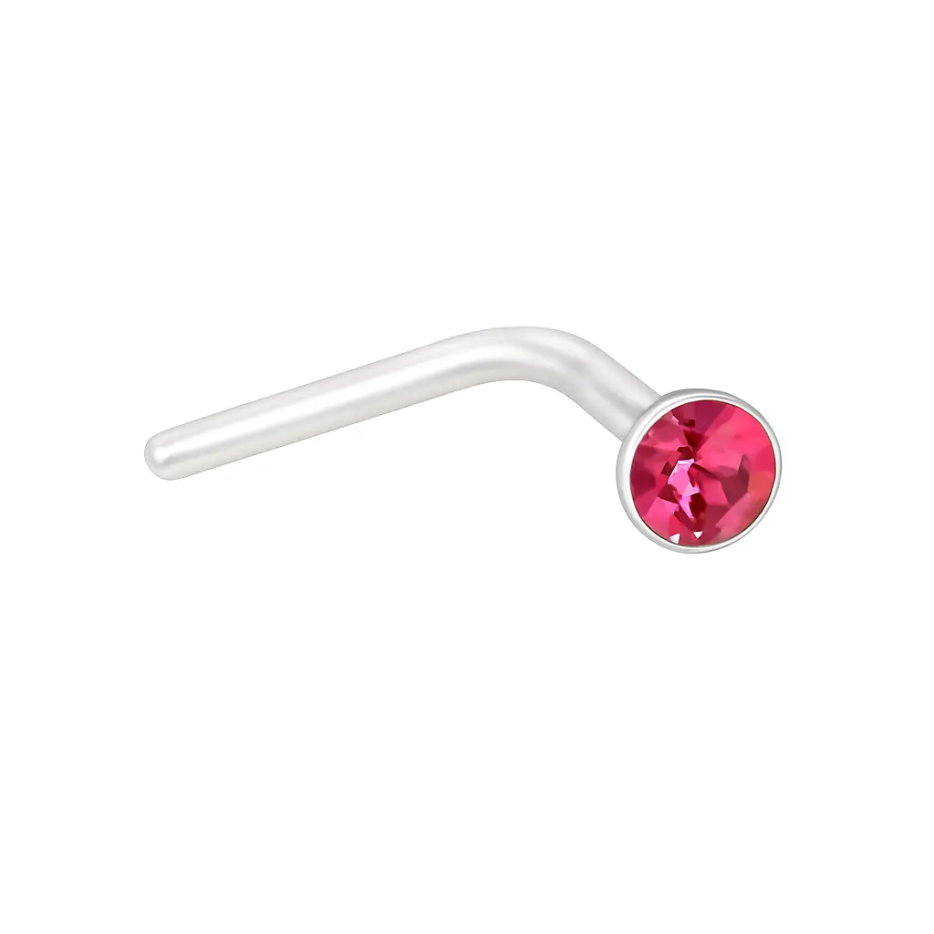 925 Silver Deep Pink Crystal L-shaped Nose Ring, 0.3 g