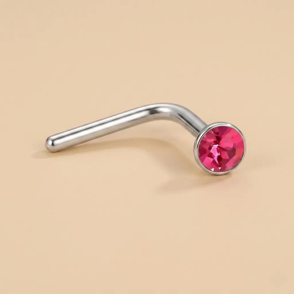 925 Silver Deep Pink Crystal L-shaped Nose Ring, 0.3 g