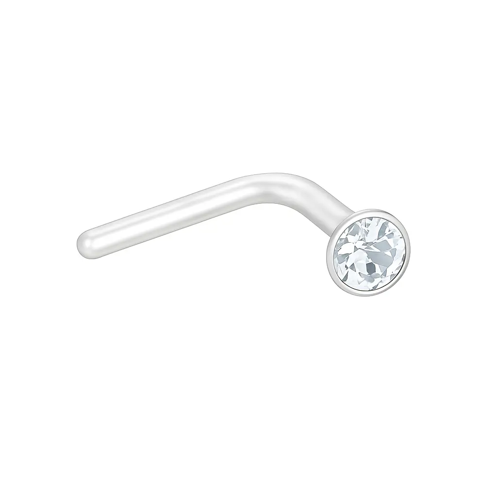 925 Silver Clear White Crystal L-shaped Nose Ring, 0.3 g