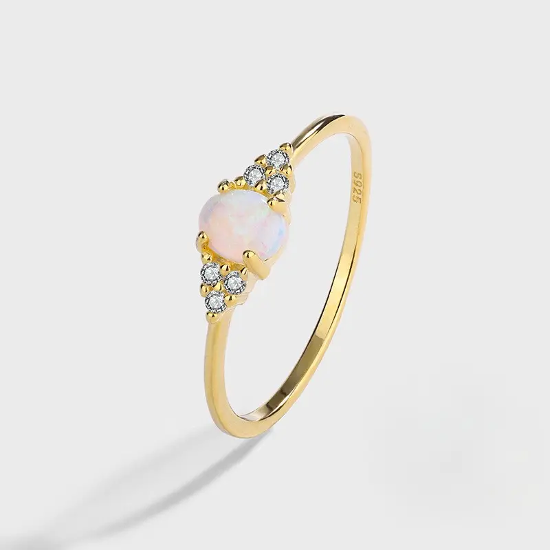 925 Silver Gold Plated Oval White Opal Ring US 6, 7 g