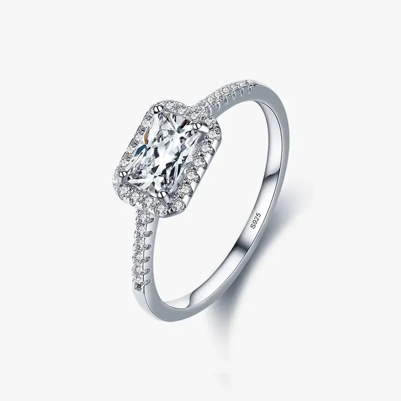 925 Silver Rectagular White Zircon Semi Enveloped Zircon Ring US 9, 8 g