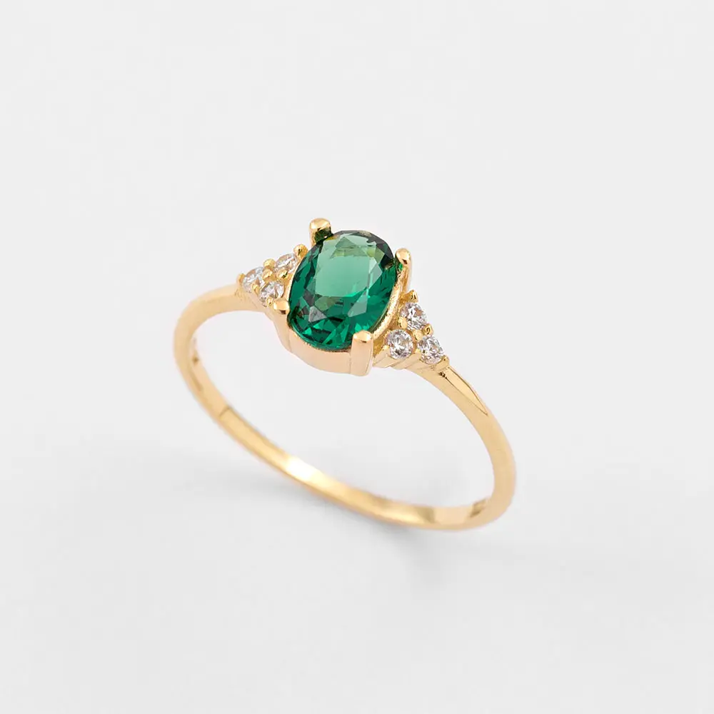 925 Silver 18K Gold Plated Green Oval Zircon Ring US 8, 2 g