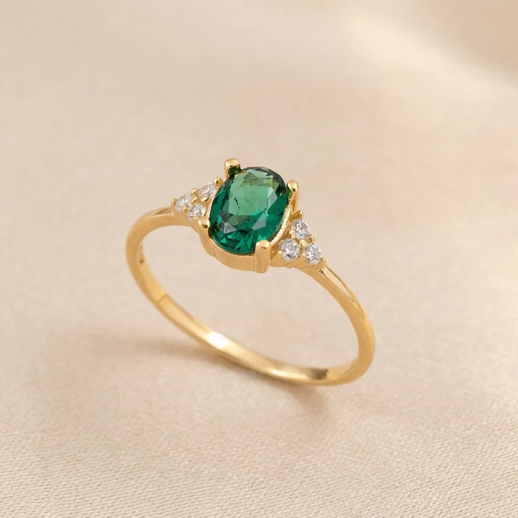 925 Silver 18K Gold Plated Green Oval Zircon Ring US 8, 2 g