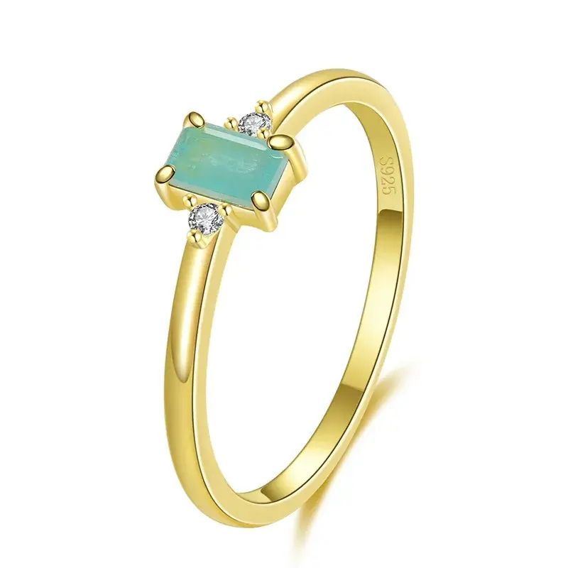 925 Silver 14K Gold Plated Green Rectangular Opal Ring US 5, 4 g