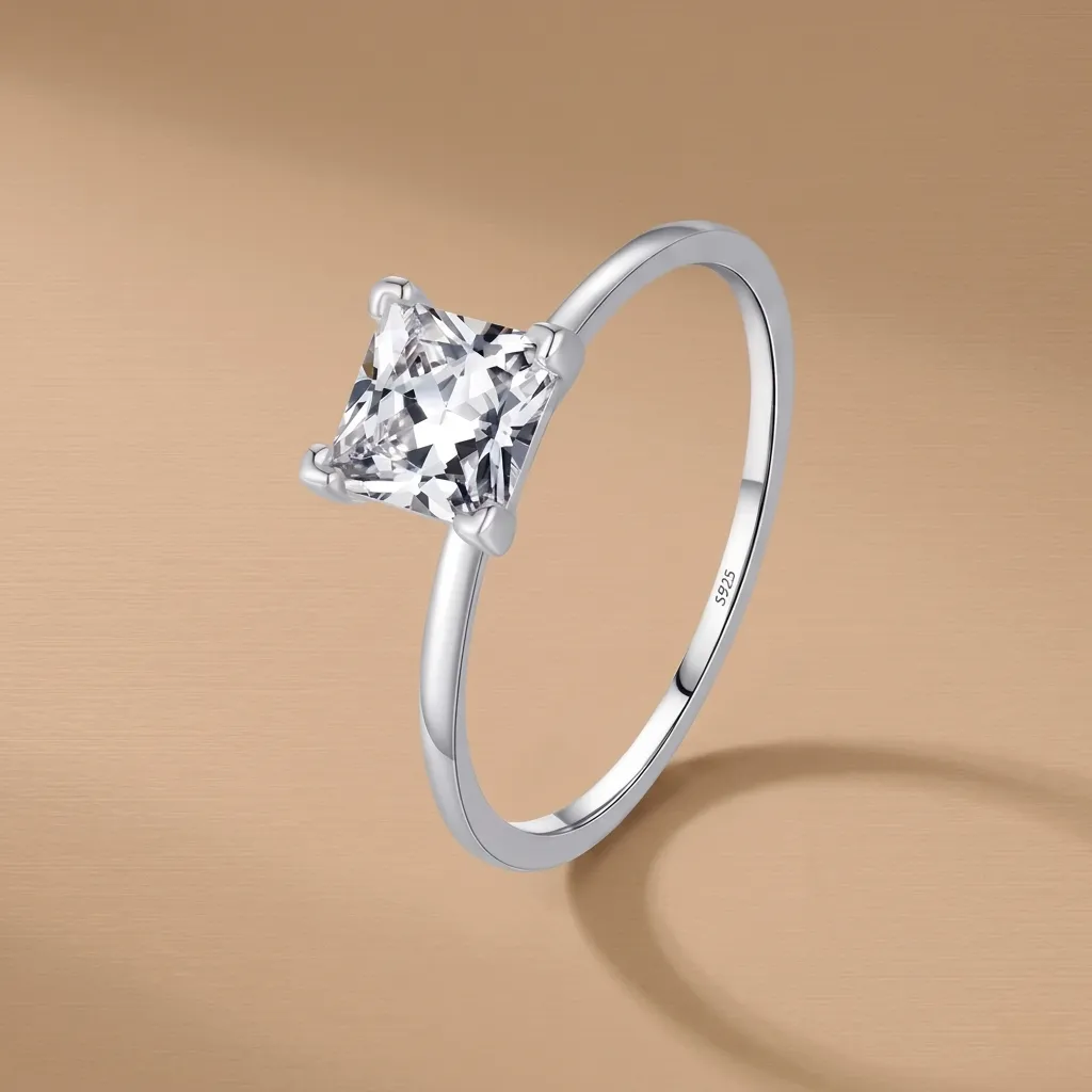 925 Silver Square Solitaire Zircon Ring US 5, 10 g
