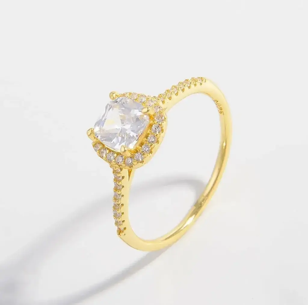 925 Silver Gold Plated Square Block Zircon Ring US 9, 7 g