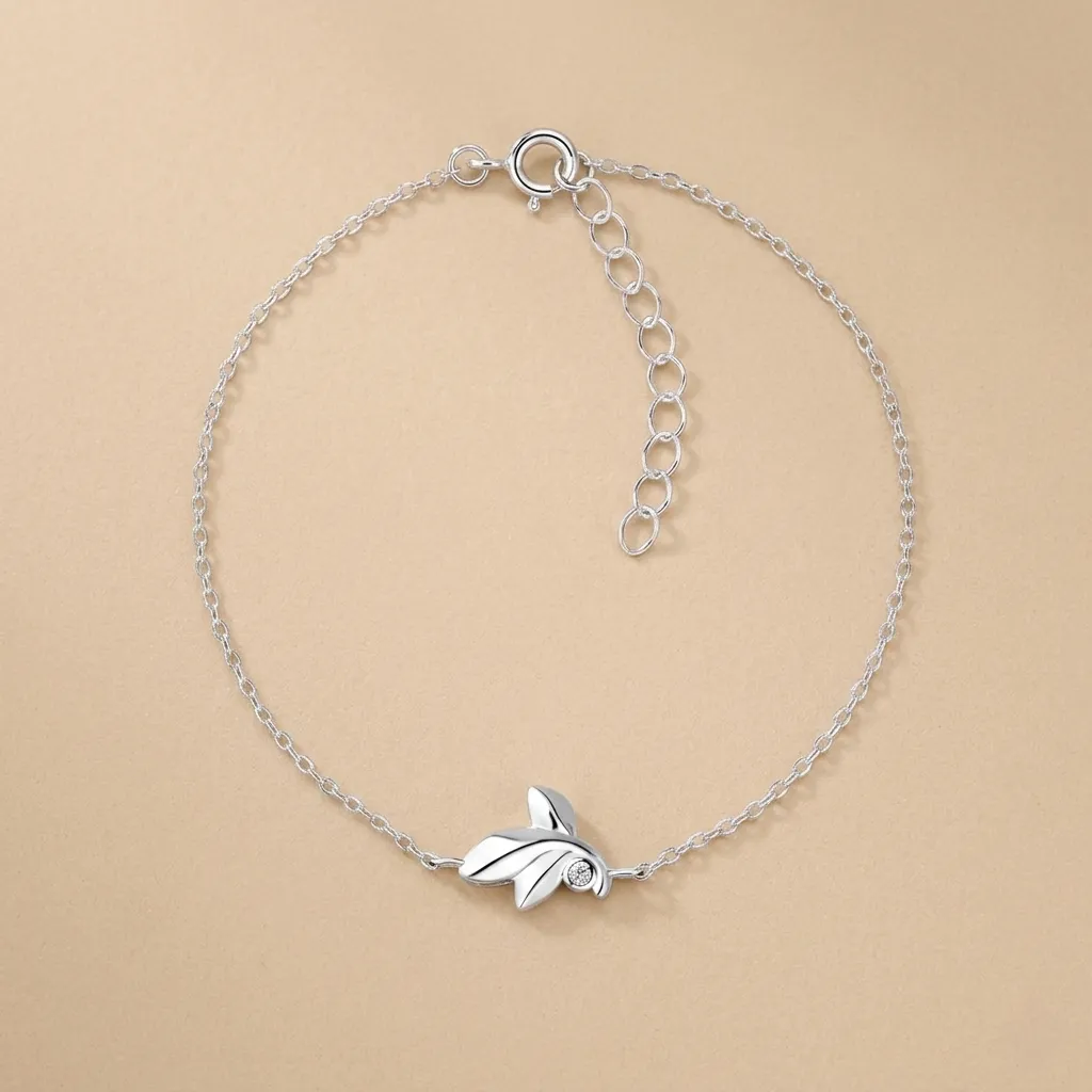 925 Silver Leaf Bracelet With 0.02ct Natural Diamond, 1.07 g