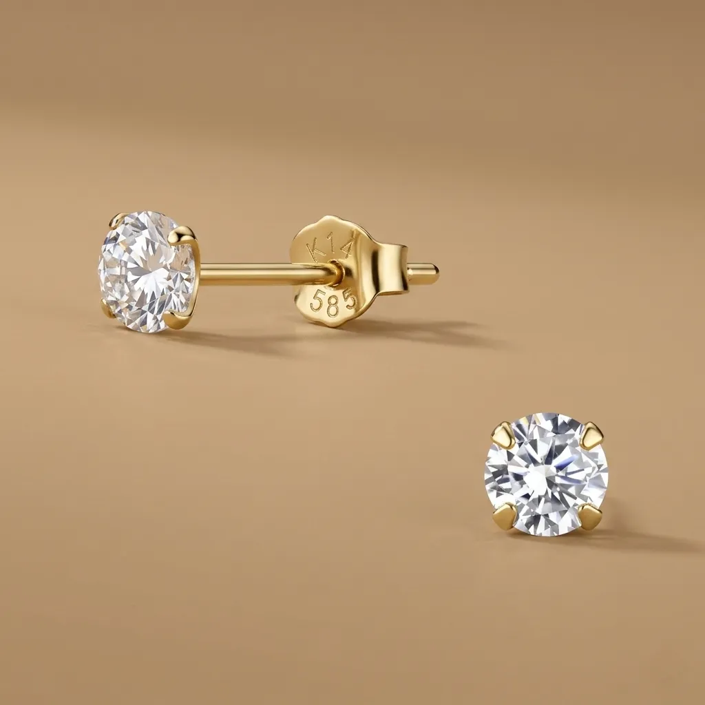 14K Solid Yellow Gold 4mm White Cubic Zirconia Stud Earring, 0.40 g
